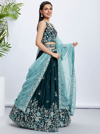 Teal Sequin and Thread Embroidery Lehenga Choli Set with Dupatta ClothsVilla