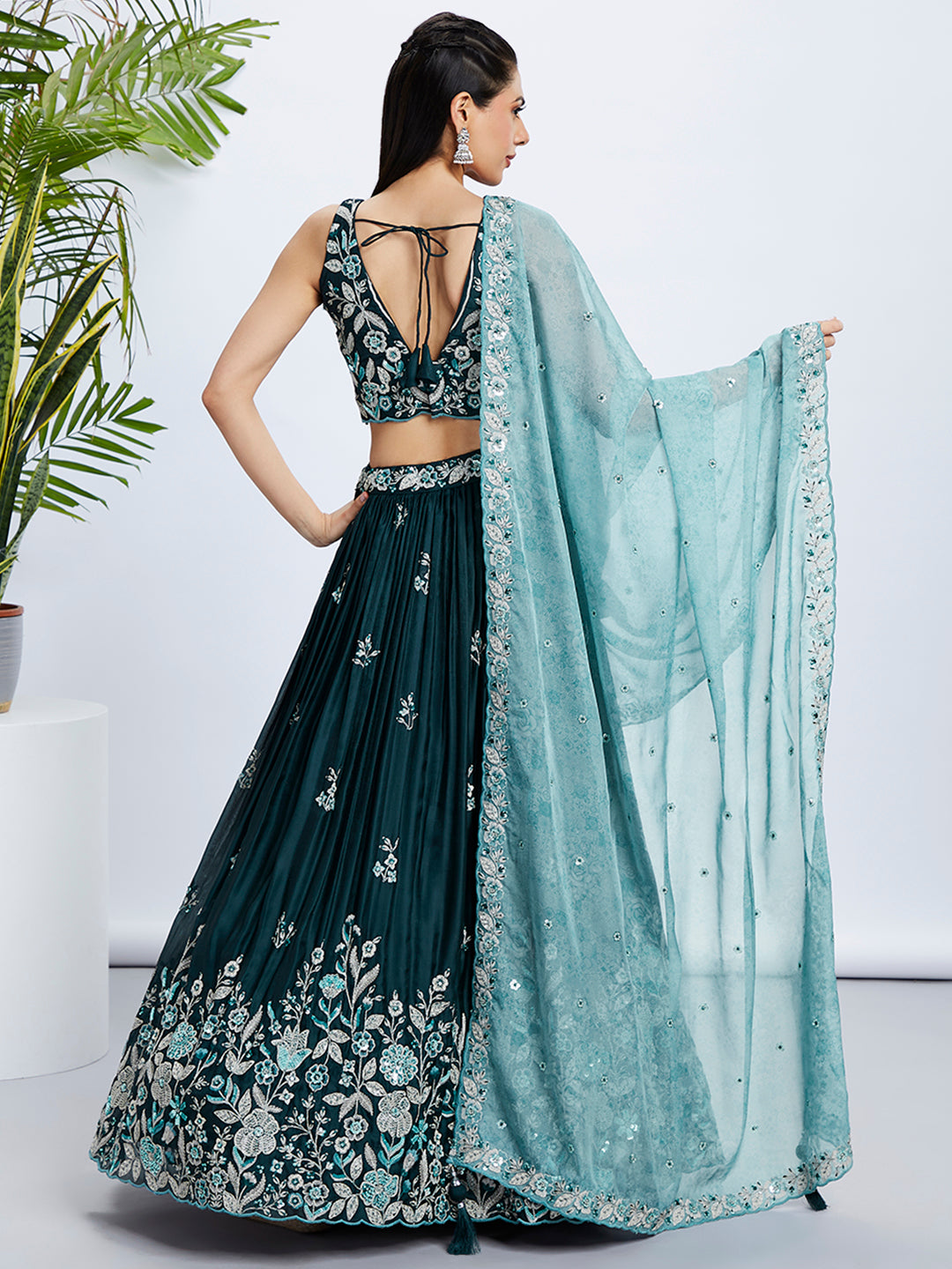 Teal Sequin and Thread Embroidery Lehenga Choli Set with Dupatta ClothsVilla