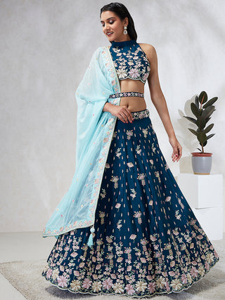 Teal Sequinned Lehenga Choli Set - Embroidered Elegance for Special Occasions ClothsVilla