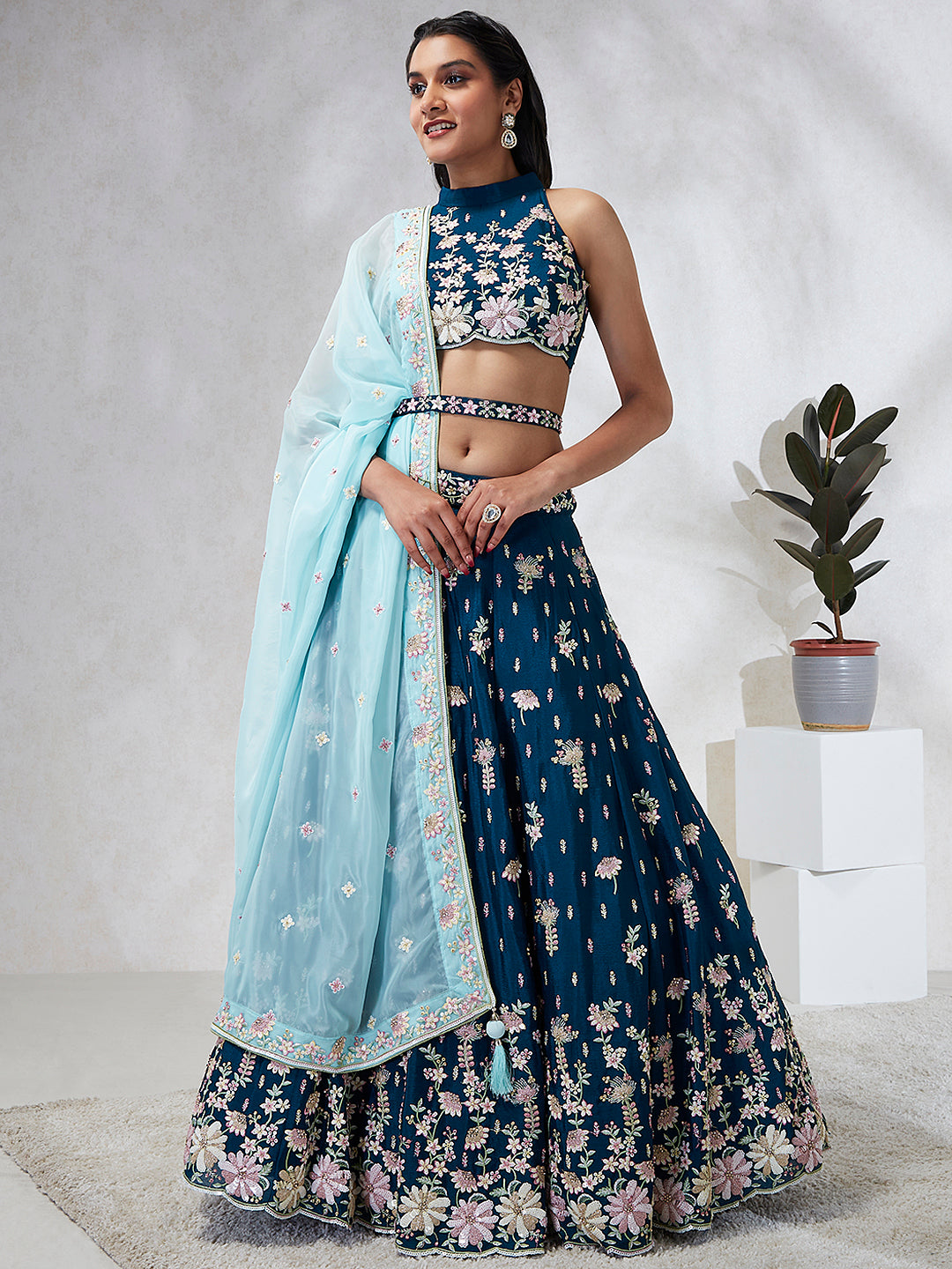 Teal Sequinned Lehenga Choli Set - Embroidered Elegance for Special Occasions ClothsVilla
