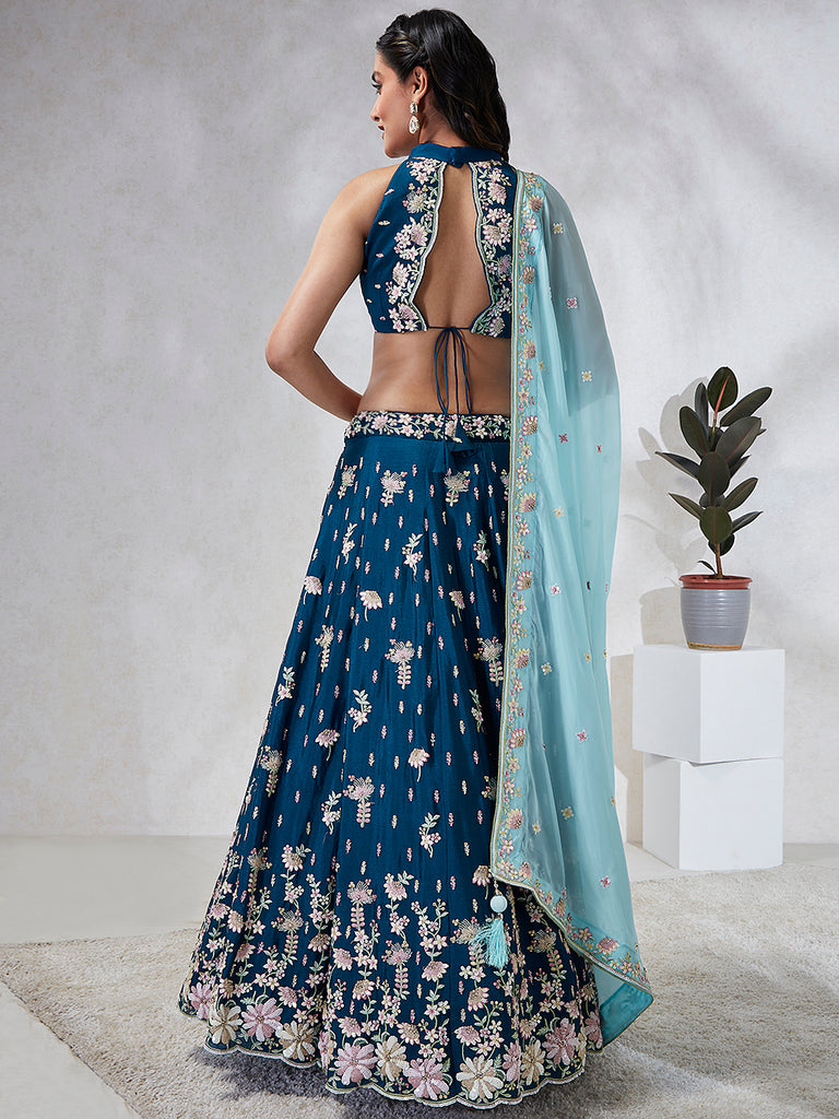 Teal Sequinned Lehenga Choli Set - Embroidered Elegance for Special Occasions ClothsVilla