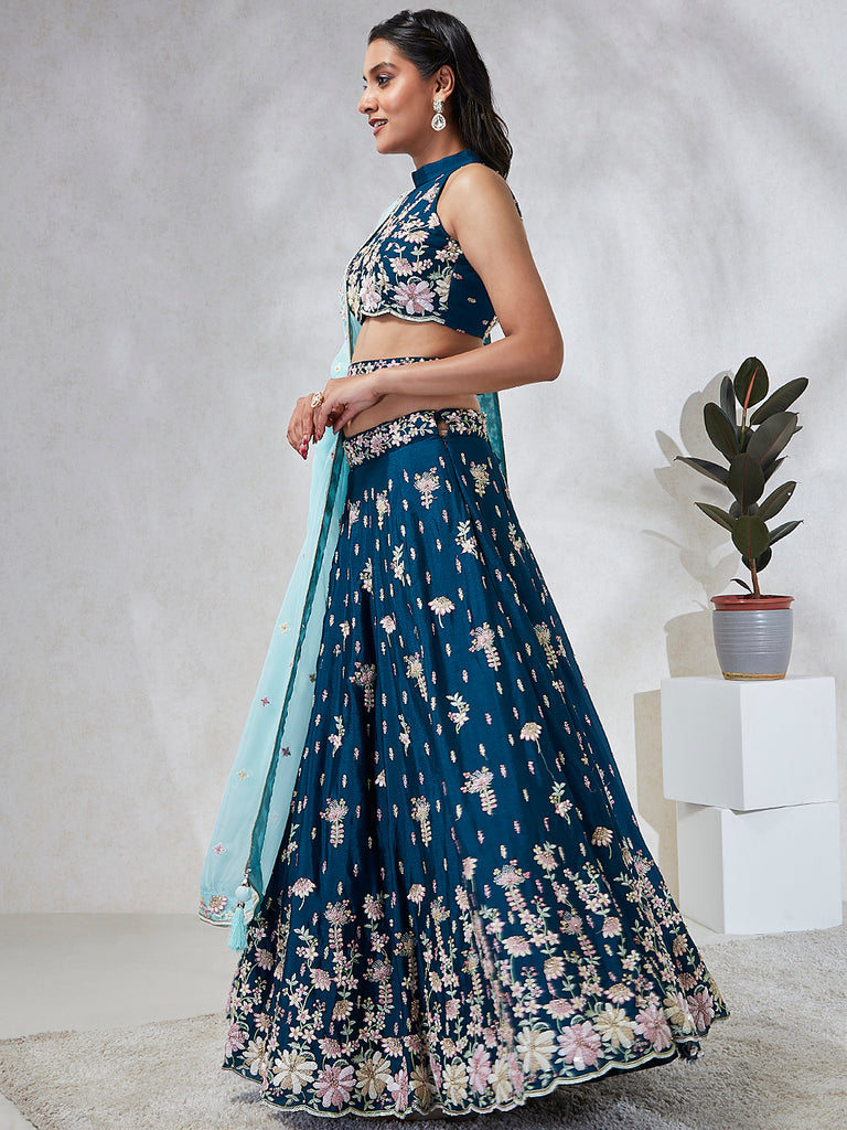 Teal Sequinned Lehenga Choli Set - Embroidered Elegance for Special Occasions ClothsVilla