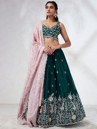 Teal Sequinned Lehenga Choli with Mirror Work and Thread Embroidery ClothsVilla