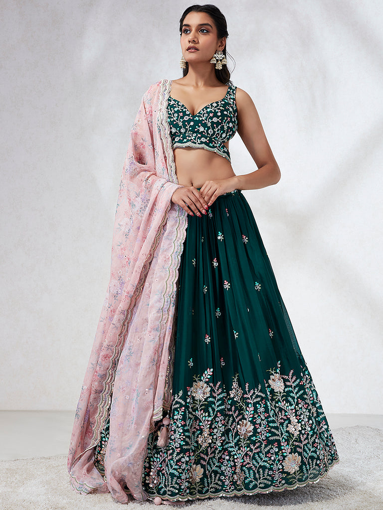 Teal Sequinned Lehenga Choli with Mirror Work and Thread Embroidery ClothsVilla