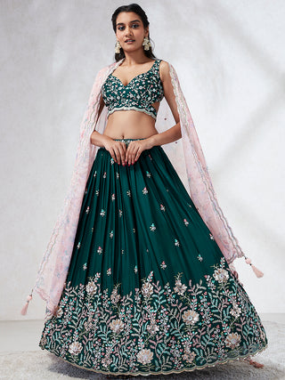 Teal Sequinned Lehenga Choli with Mirror Work and Thread Embroidery ClothsVilla