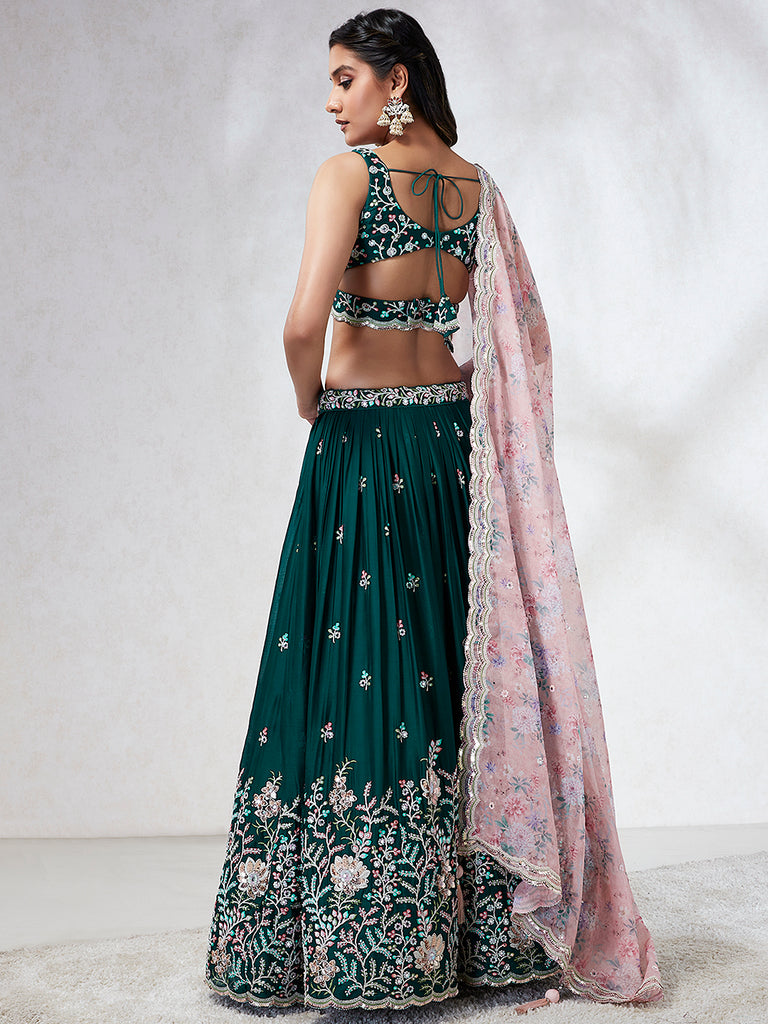 Teal Sequinned Lehenga Choli with Mirror Work and Thread Embroidery ClothsVilla