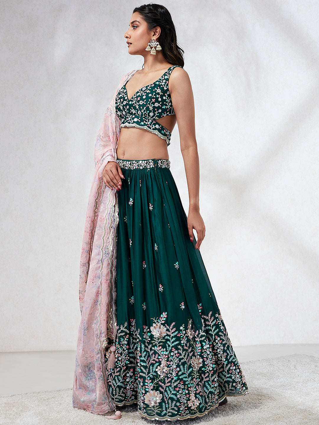 Teal Sequinned Lehenga Choli with Mirror Work and Thread Embroidery ClothsVilla