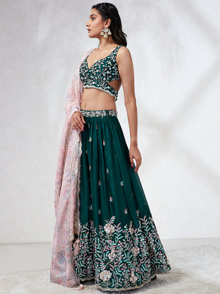 Teal Sequinned Lehenga Choli with Mirror Work and Thread Embroidery ClothsVilla