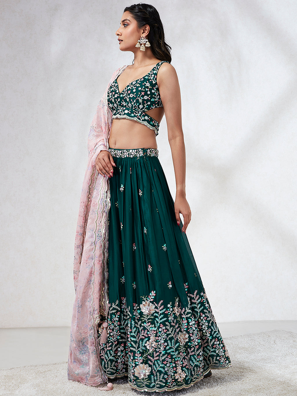 Teal Sequinned Lehenga Choli with Mirror Work and Thread Embroidery ClothsVilla