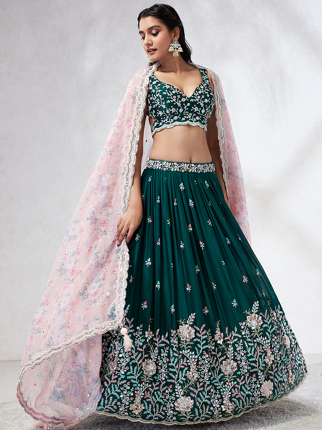 Teal Sequinned Lehenga Choli with Mirror Work and Thread Embroidery ClothsVilla
