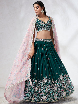 Teal Sequinned Lehenga Choli with Mirror Work and Thread Embroidery ClothsVilla