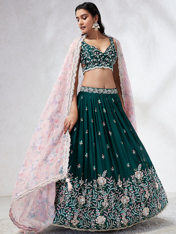 Teal Sequinned Lehenga Choli with Mirror Work and Thread Embroidery ClothsVilla