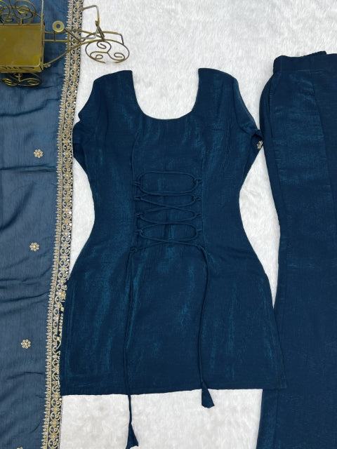 Teal Silk Embroidered Kurta Bell Bottom Set ClothsVilla