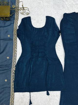 Teal Silk Embroidered Kurta Bell Bottom Set ClothsVilla