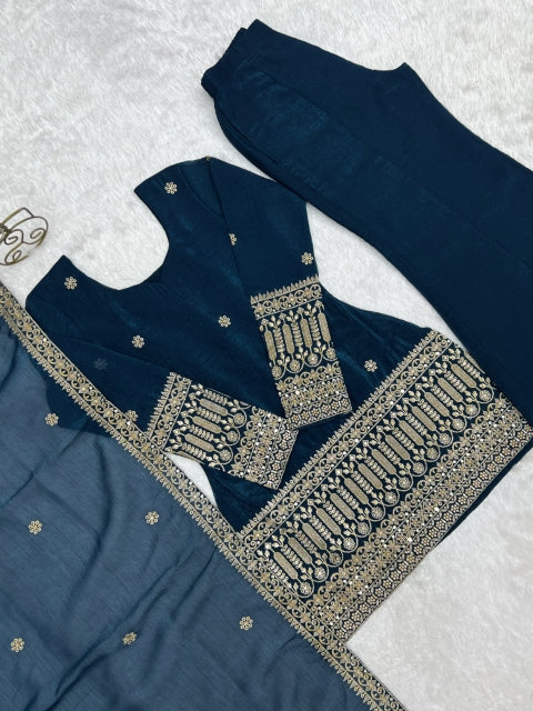 Teal Silk Embroidered Kurta Bell Bottom Set ClothsVilla