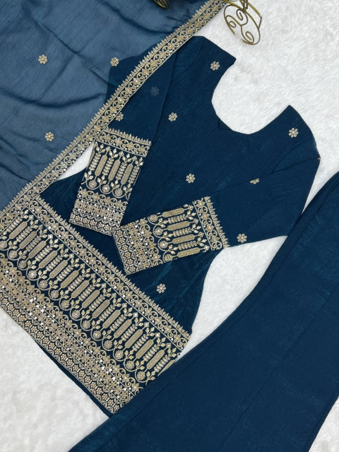 Teal Silk Embroidered Kurta Bell Bottom Set ClothsVilla