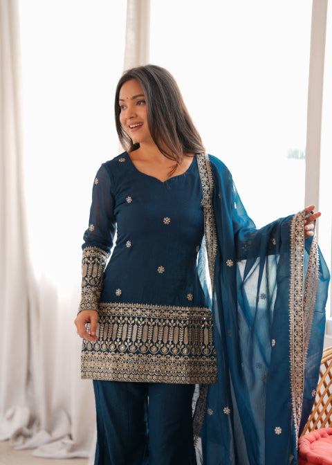 Teal Silk Embroidered Kurta Bell Bottom Set ClothsVilla