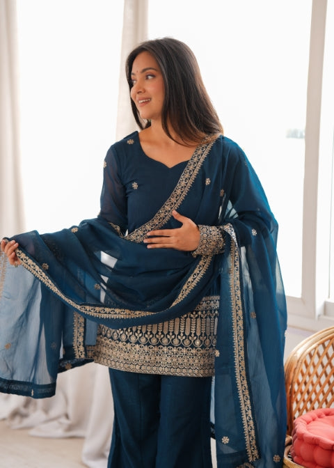 Teal Silk Embroidered Kurta Bell Bottom Set ClothsVilla