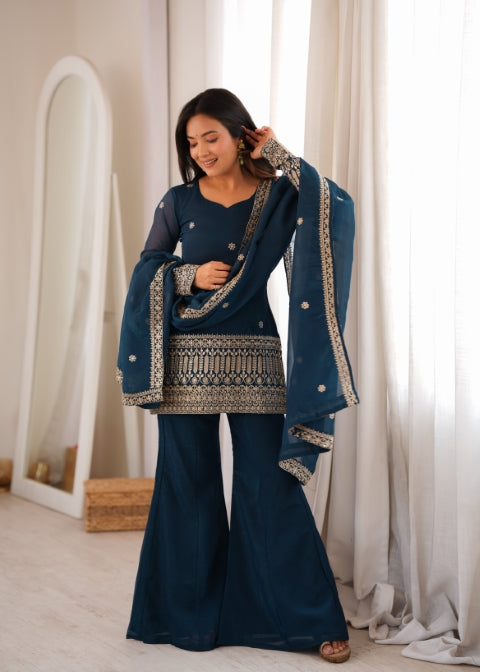 Teal Silk Embroidered Kurta Bell Bottom Set ClothsVilla