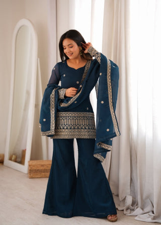 Teal Silk Embroidered Kurta Bell Bottom Set ClothsVilla