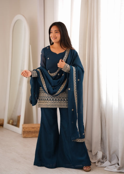 Teal Silk Embroidered Kurta Bell Bottom Set ClothsVilla