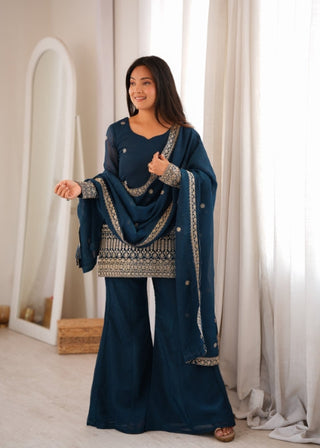 Teal Silk Embroidered Kurta Bell Bottom Set ClothsVilla