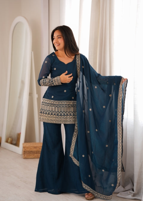 Teal Silk Embroidered Kurta Bell Bottom Set ClothsVilla