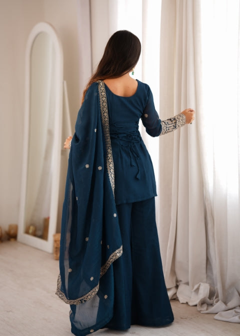 Teal Silk Embroidered Kurta Bell Bottom Set ClothsVilla