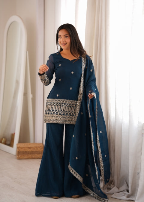 Teal Silk Embroidered Kurta Bell Bottom Set ClothsVilla