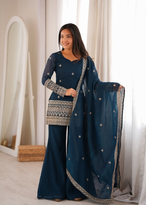 Teal Silk Embroidered Kurta Bell Bottom Set ClothsVilla
