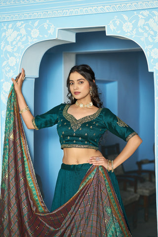 Teal Silk Embroidered Lehenga Set ClothsVilla