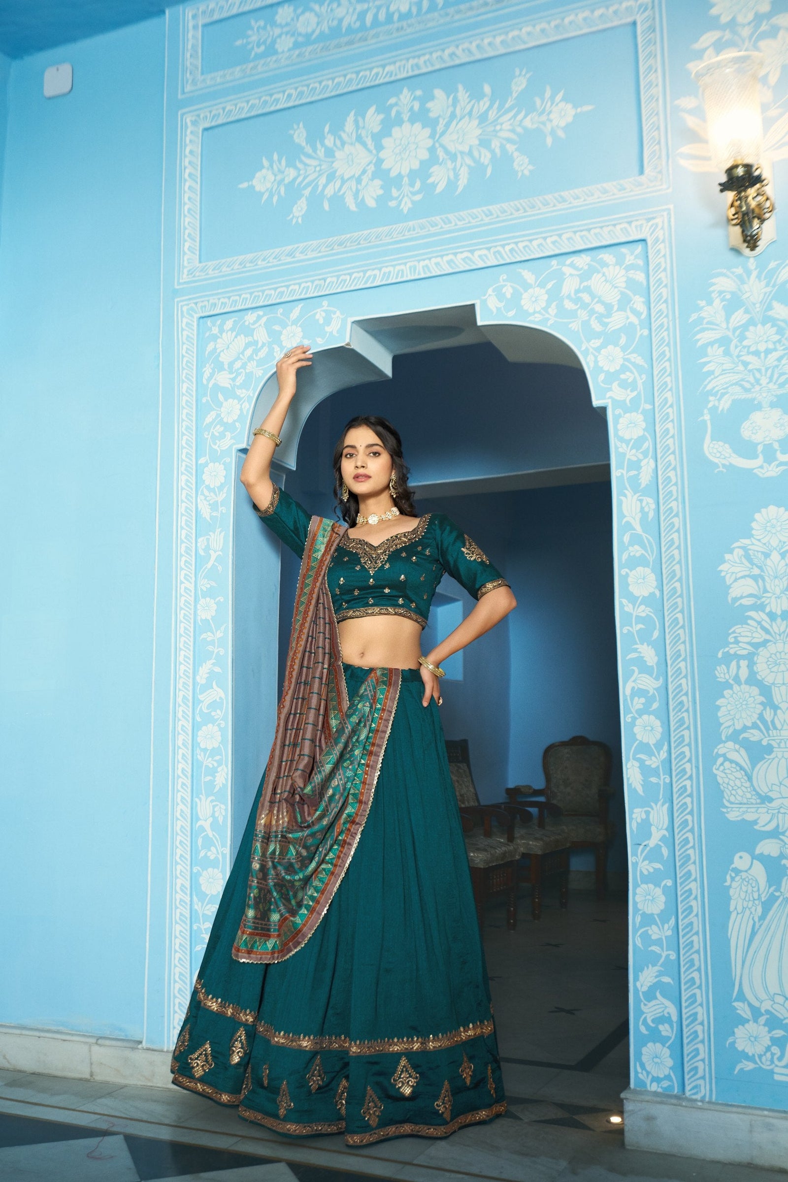 Teal Silk Embroidered Lehenga Set ClothsVilla