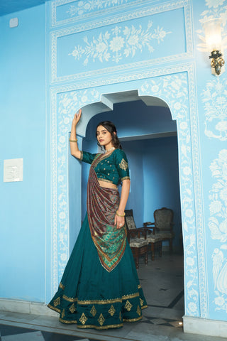 Teal Silk Embroidered Lehenga Set ClothsVilla