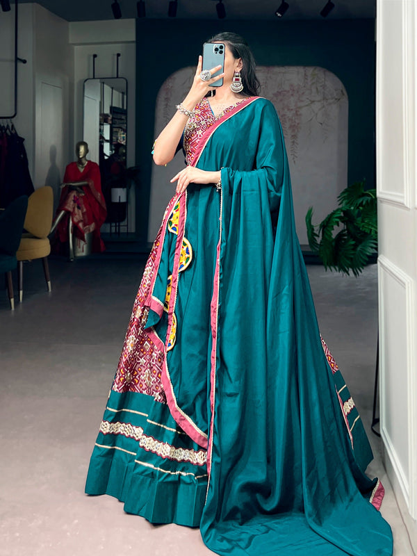 Teal Silk Printed Lehenga Choli Set ClothsVilla