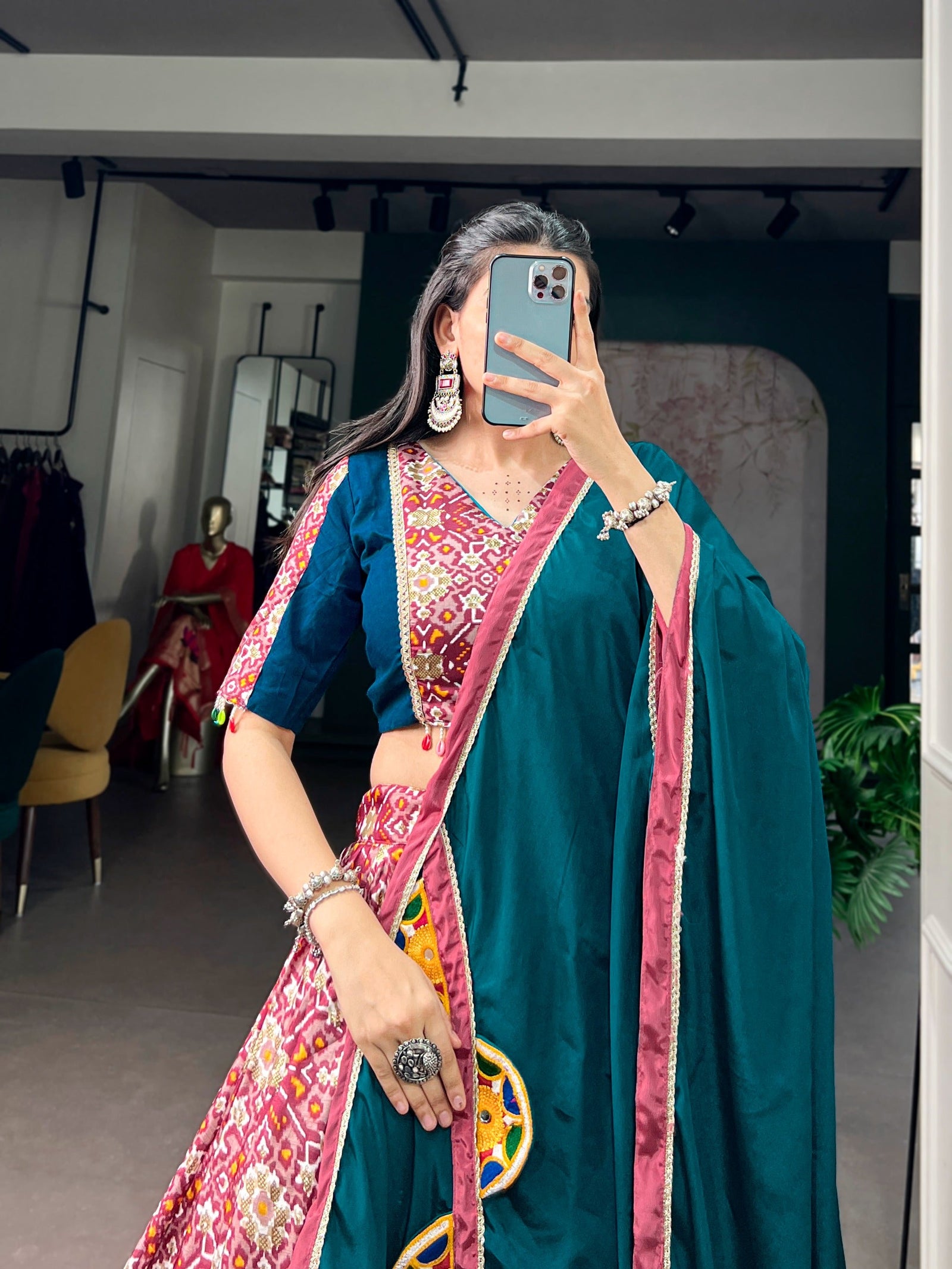 Teal Silk Printed Lehenga Choli Set ClothsVilla