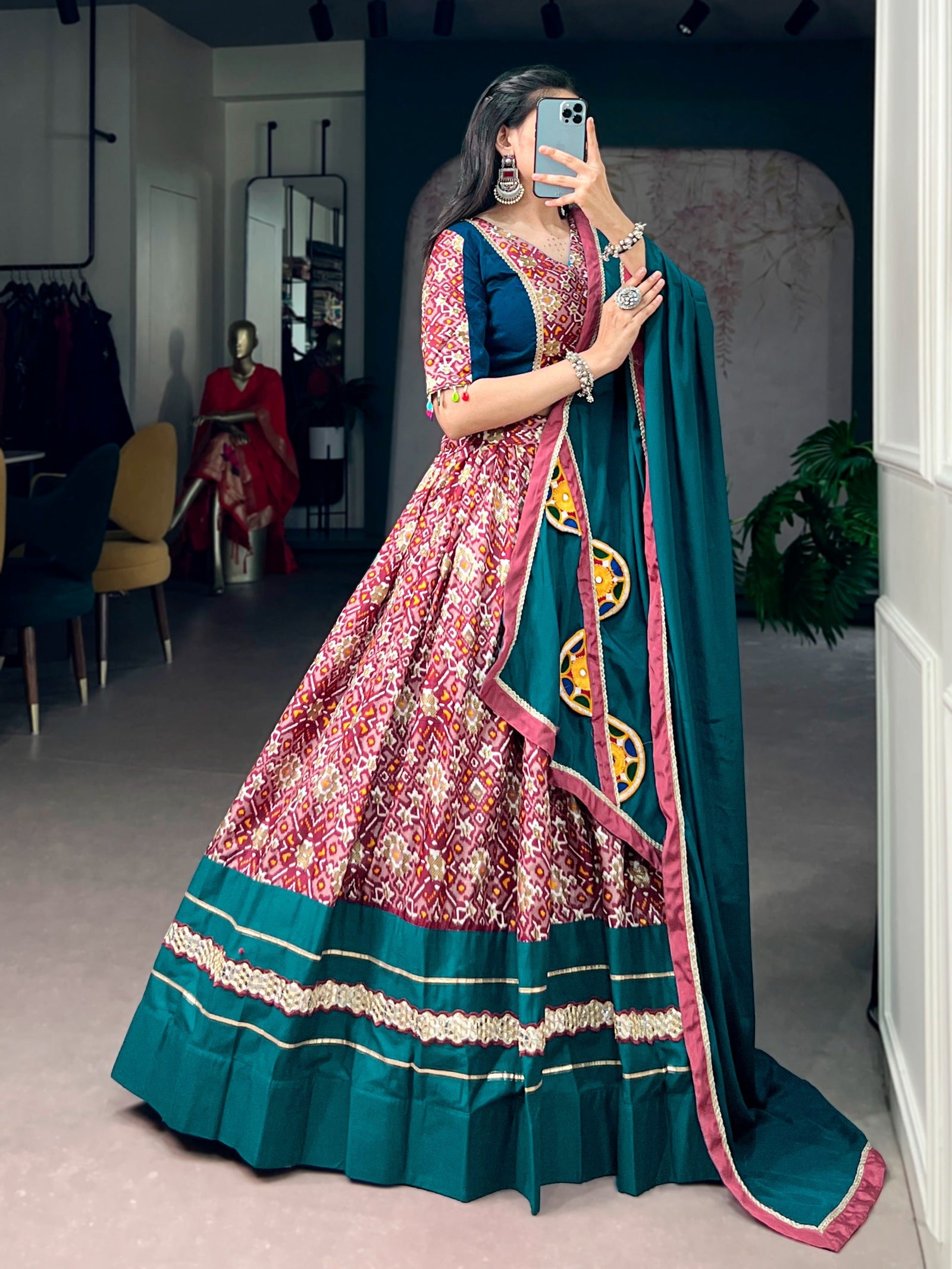 Teal Silk Printed Lehenga Choli Set ClothsVilla