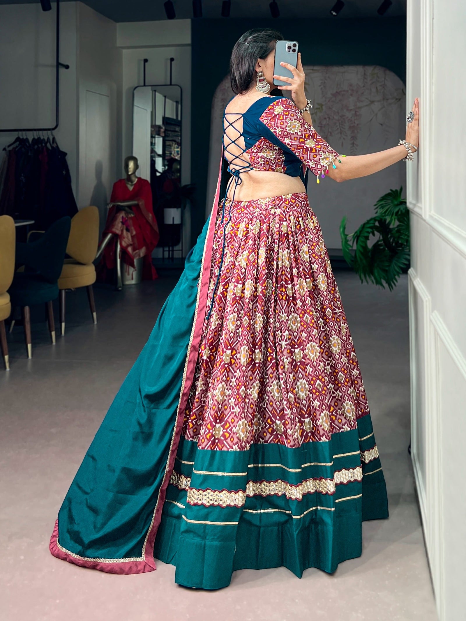 Teal Silk Printed Lehenga Choli Set ClothsVilla