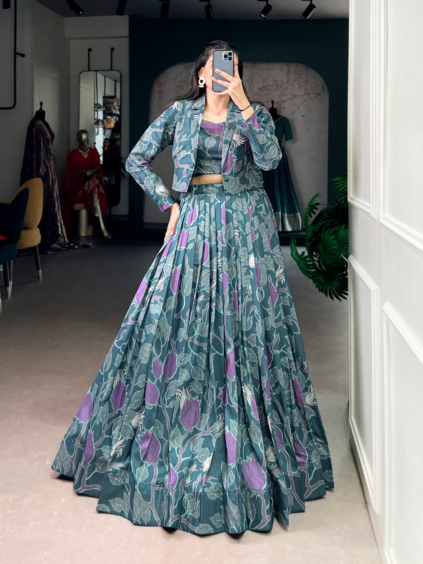 Teal Silk Printed Lehenga Choli with Koti