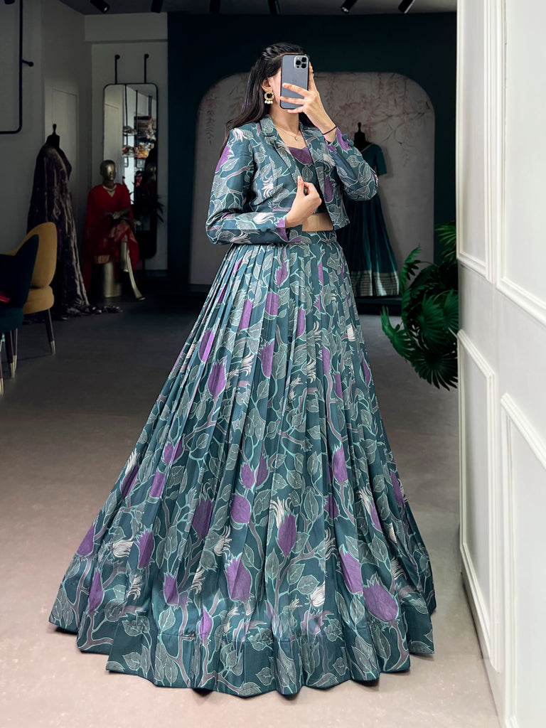 Teal Silk Printed Lehenga Choli with Koti