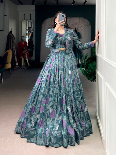 Teal Silk Printed Lehenga Choli with Koti