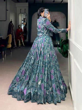 Teal Silk Printed Lehenga Choli with Koti