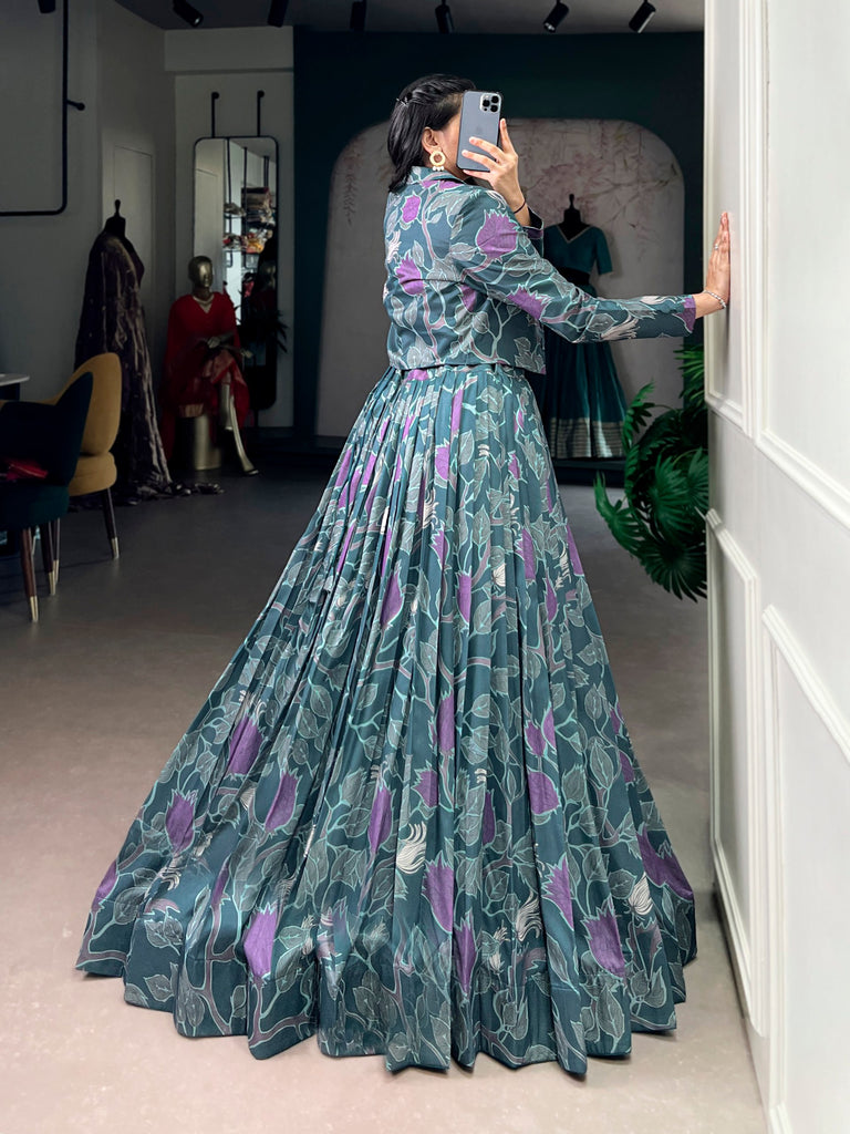 Teal Silk Printed Lehenga Choli with Koti