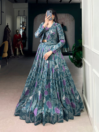 Teal Silk Printed Lehenga Choli with Koti