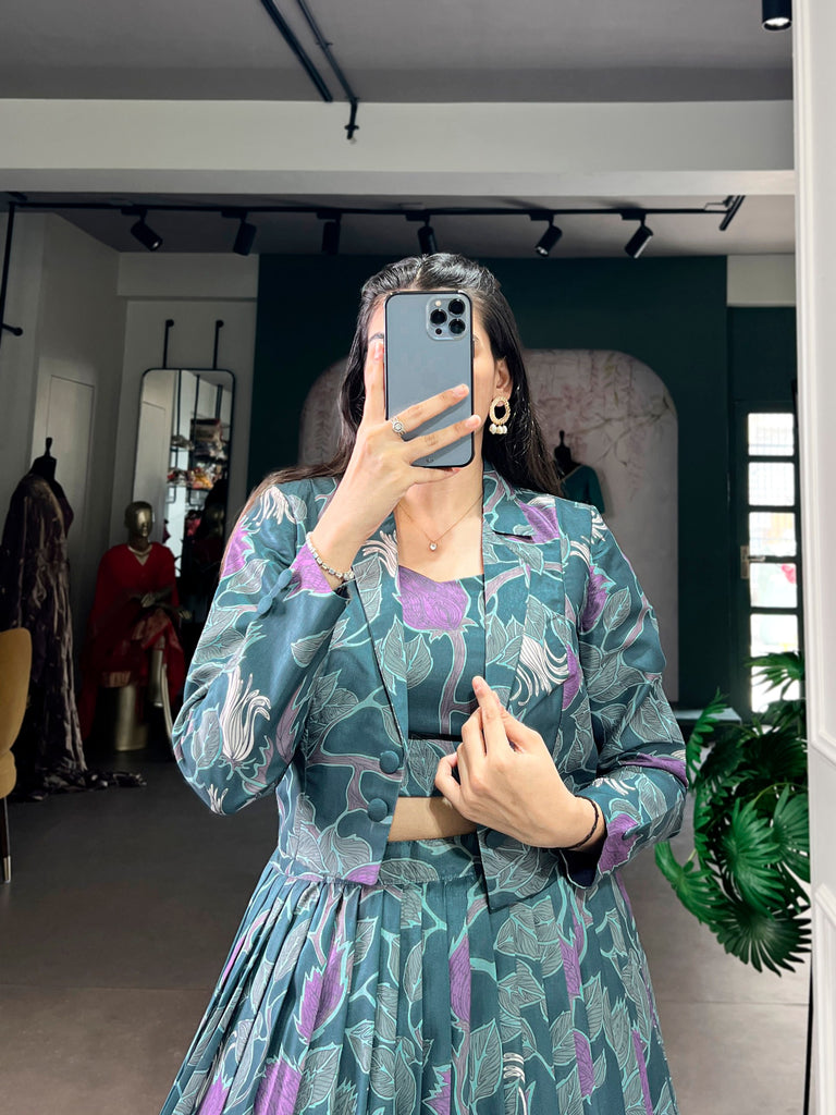 Teal Silk Printed Lehenga Choli with Koti