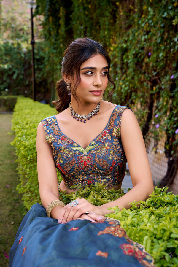 Teal Silk Sequins & Thread Embroidered Lehenga Choli Set ClothsVilla