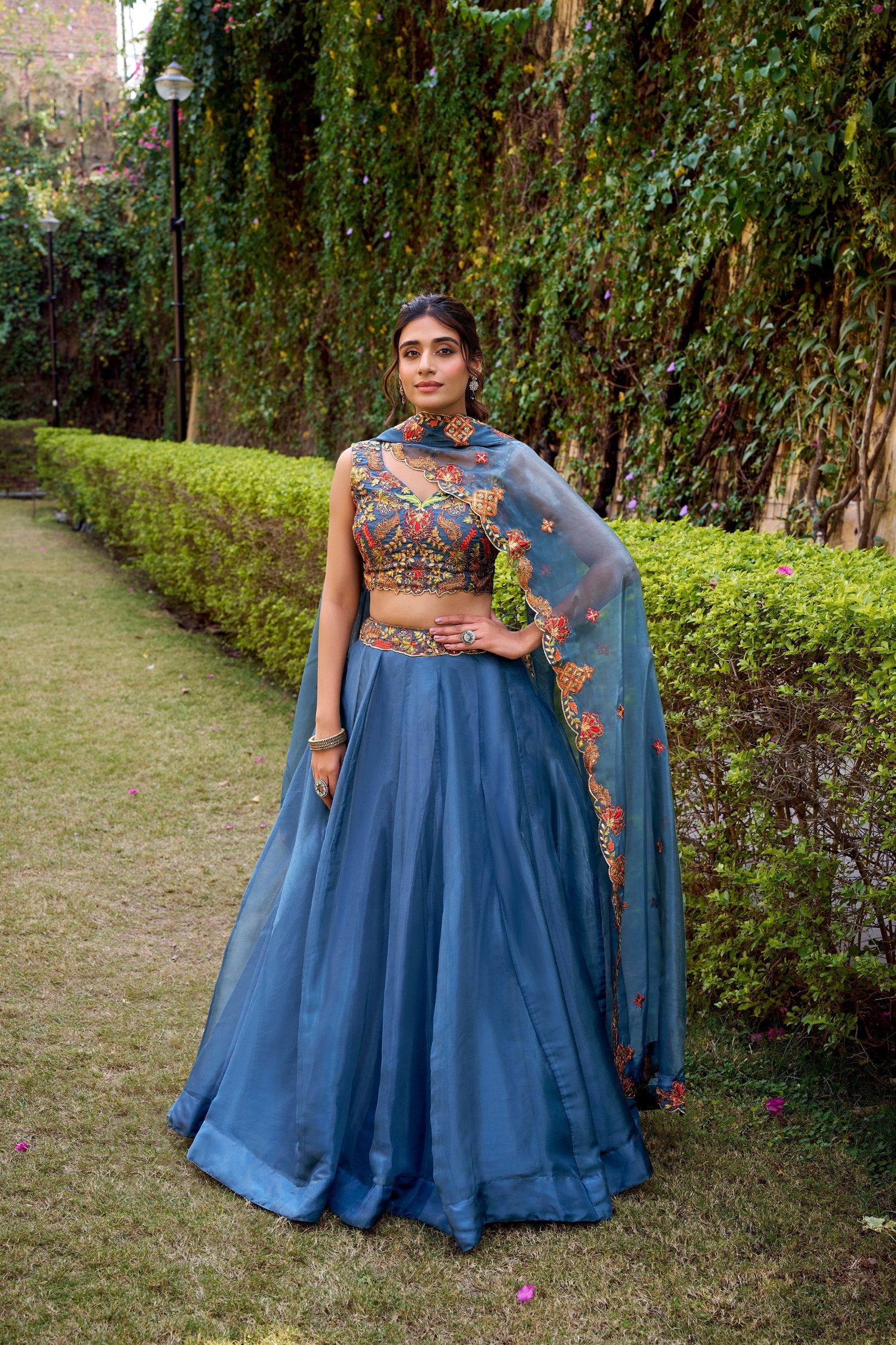 Teal Silk Sequins & Thread Embroidered Lehenga Choli Set ClothsVilla Main image