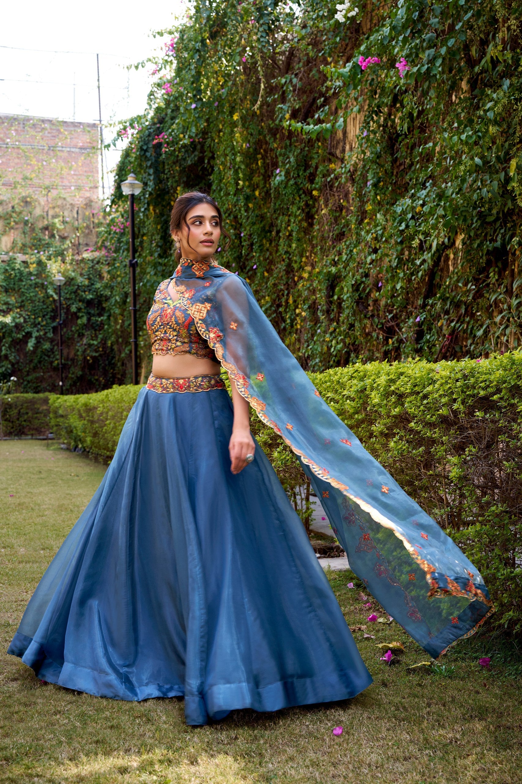Teal Silk Sequins & Thread Embroidered Lehenga Choli Set Secondary image