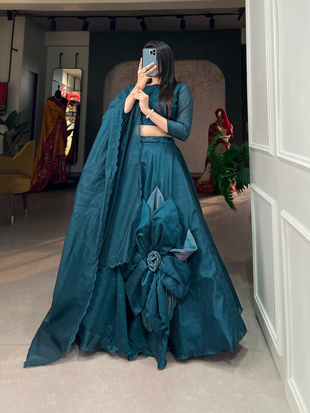 Teal Simple & Elegant Rajwadi Chanderi Lehenga Choli ClothsVilla