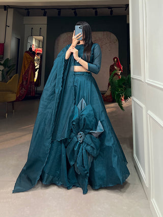 Teal Simple & Elegant Rajwadi Chanderi Lehenga Choli ClothsVilla