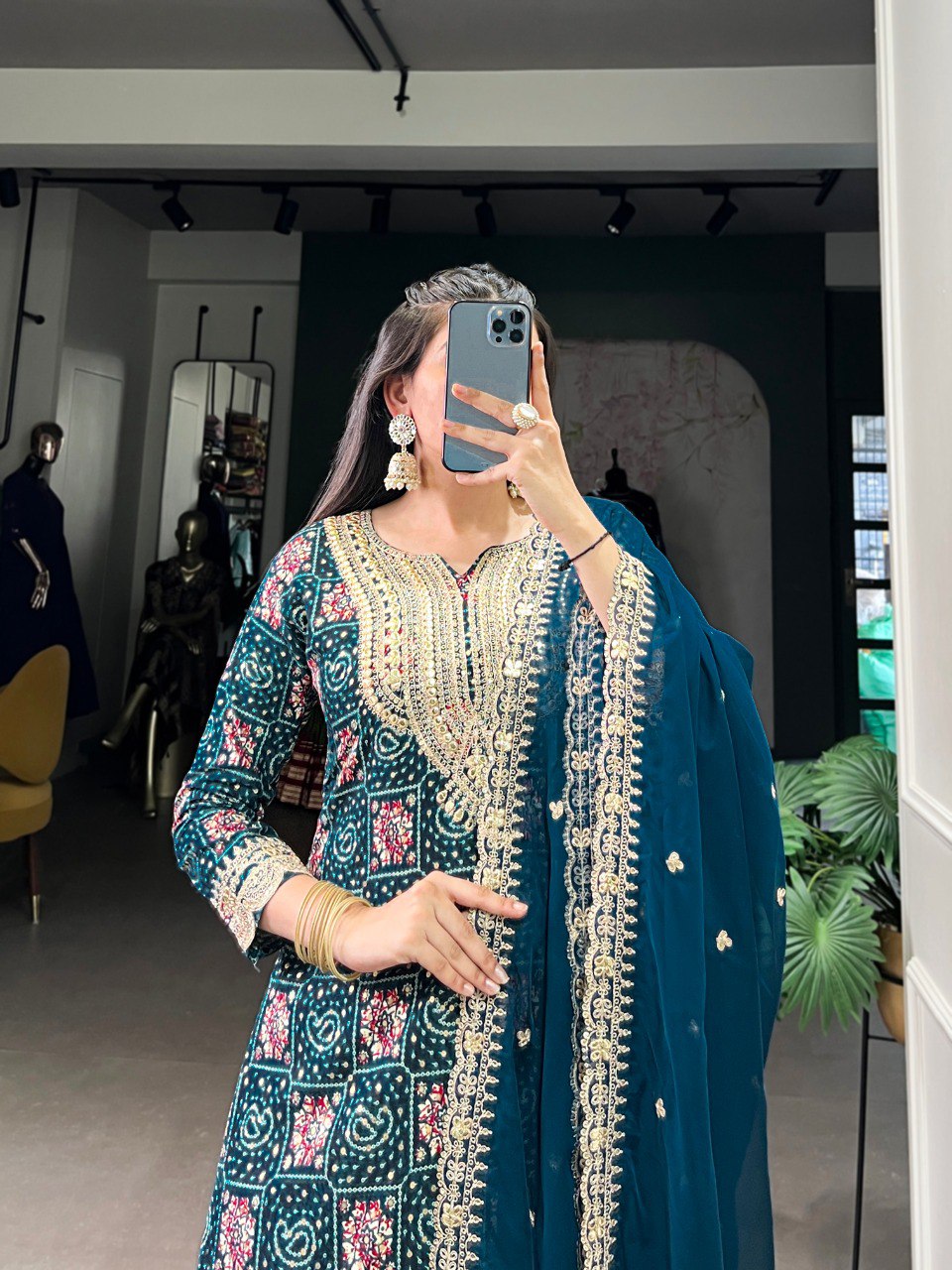 Teal Stylish Rayon Printed Suit Set with Embroidered Organza Dupatta – Stitched Top & Bottom Clothsvilla